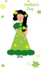 Greeting card mother's day, doll woman in green dress, for children background