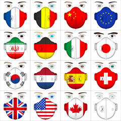 Antiviral mask for anti virus protection with world flags, vector illustration