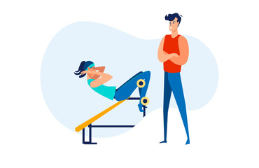 Fototapeta premium Woman doing sit ups in gym. Fitness instructor training customer, exercising, workout flat vector illustration. Sport, activity, lifestyle concept for banner, website design or landing web page