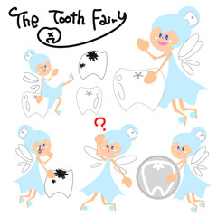 A set of  happy and cute Tooth fairy . Emotions and movements. Looking for a baby teeth to build her castle