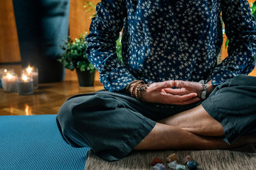 Meditation in Lotus Pose. Hands in Lap, Palms Facing Upwards