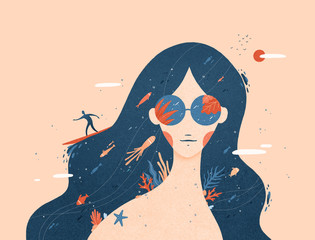 Vacanze estive: un surfer cavalca le onde dei capelli di una donna © SoniaLigorio