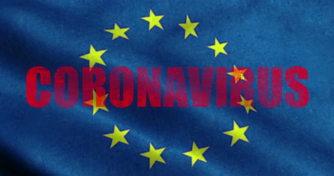 red word coronavirus on europe flag background, euro coronavirus cells covid-19 influenza as dangerous flu strain cases as a pandemic medical health risk of united states of europe