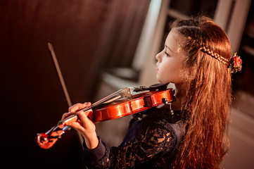 Cute girl plays the violin, low key, quarantine class idea. Music concept © Kiryakova Anna