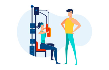 Fitness trainer watching gym customer. Woman training chest muscles on machine flat vector illustration. Sport, activity, workout concept for banner, website design or landing web page