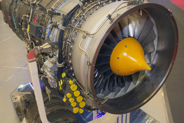Aviation engine on the stand close up. Industry