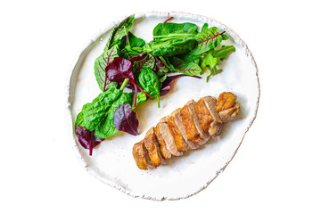 duck breast fillet salad, Menu concept food background keto or paleo diet. top view. copy space for text 