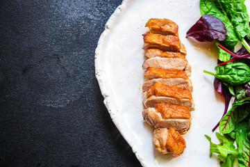 duck breast fillet salad, Menu concept food background keto or paleo diet. top view. copy space for text 