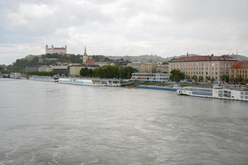 BRATISLAVA, SLOVAKIA - MAY 9, 2019: View from the embankment on Danube River