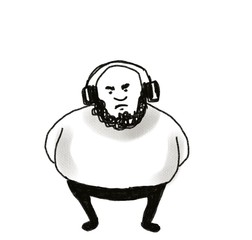 hand drawn cartoon character fat funny man standing and listening to music isolated on white