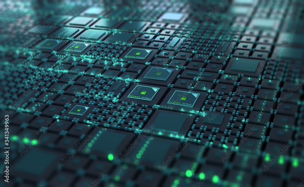 Poster Cyber technology in digital abstract space. Computer of future, circuit board and hardware 3d illustration. Information Network and Global Database