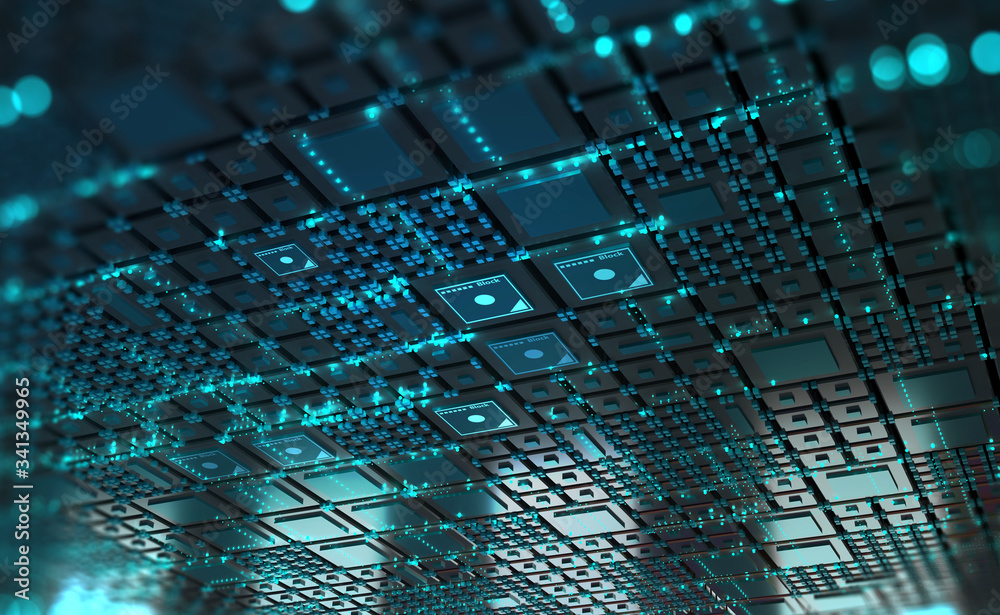 Aufkleber Cyber technology in digital abstract space. Computer of future, circuit board and hardware 3d illustration. Information Network and Global Database