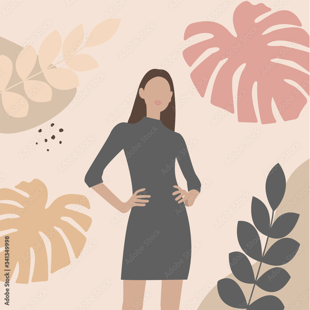 Wall mural trendy fashion female silhouette on pastel colored background with shapes of tropical leaves.