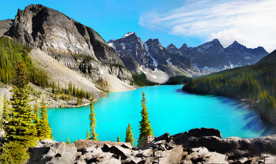 Canada, Scenic turquoise Moraine Lake in the mountains, Banff National Park landscape, Alberta 