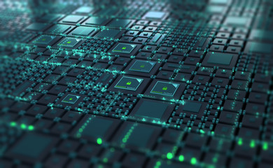 Cyber technology in digital abstract space. Computer of future, circuit board and hardware 3d illustration. Information Network and Global Database