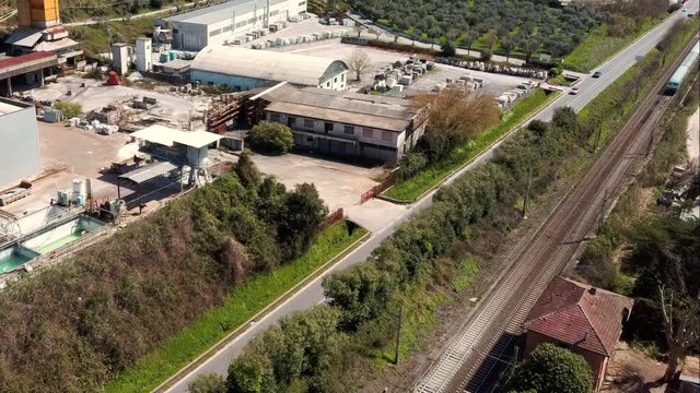 Train passes on the tracks seen from above