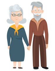 Old man and old woman holding hands. Characters in cartoon style.