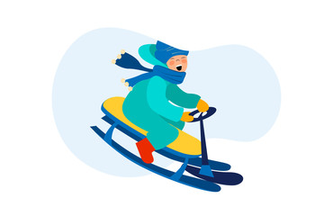 Excited kid riding on sleigh downhill. Boy sledging and having fun flat vector illustration. Holiday, outdoor activity, winter vacation concept for banner, website design or landing web page