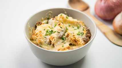 Onion soup with grilled cheese and bread