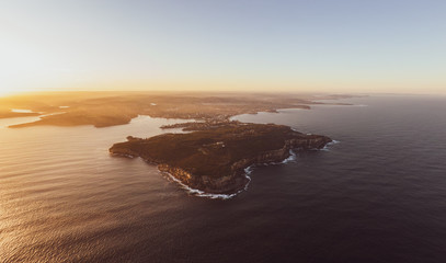 XXL panoramic sunset aerial drone view of North Head, a headland in Manly and part of Sydney...