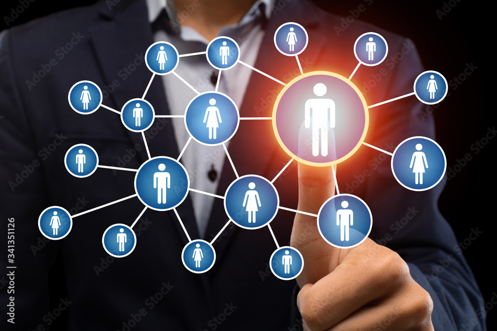 Poster guy clicks on abstract button with silhouette of human