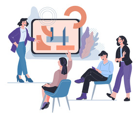 Business coaching banner with people near presentation board. Teamwork corporate education and skills courses. Goal setting in business training or webinar. Isolated vector illustration.