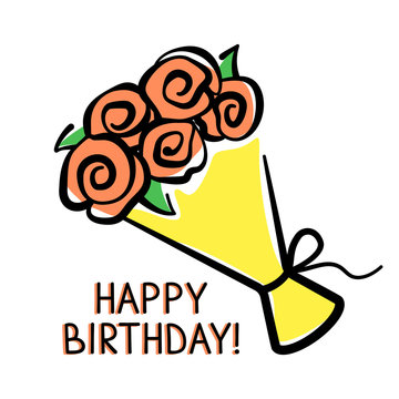 Vector birthday card with a bouquet of flowers hand-drawn on a white background