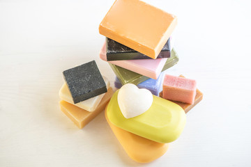 colorful soap bar selection washing hygiene skin care concept on white background 