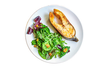 pink salmon steak fried and salad,
grilled seafood, pescatarian Menu concept food background keto or paleo diet. top view. copy space for text