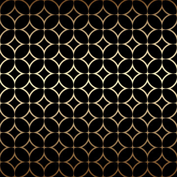 Golden art deco simple seamless pattern with round shapes, black and gold colors