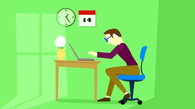 Animation about man working on home office system typing on his laptop	
