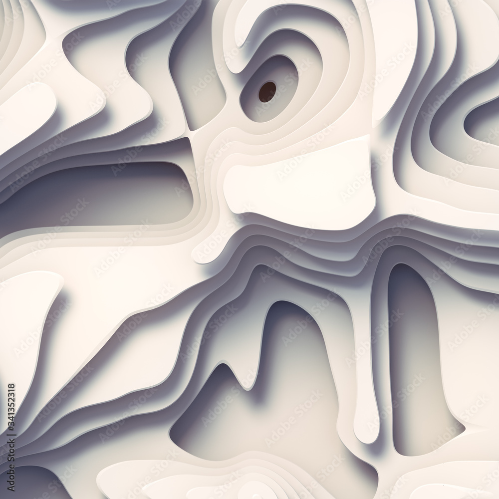 Poster Abstract 3d render background with striped white waving surface. Topography map