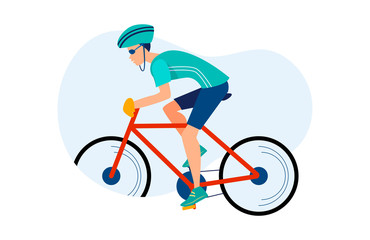 Fototapeta premium Athletic man cycling outdoors. Athlete riding bike, hardhat, race flat vector illustration. Sport, activity, lifestyle concept for banner, website design or landing web page