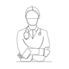 Continuous line drawing of woman doctor wearing surgical mask to protect disease, flu, air pollution, pandemic, virus. Vector illustration.