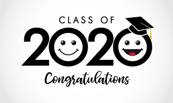 Class of 2020 Congratulations, emoticon icons in academic hat. Vector illustration with graduation text in academic cap and emoji on white background