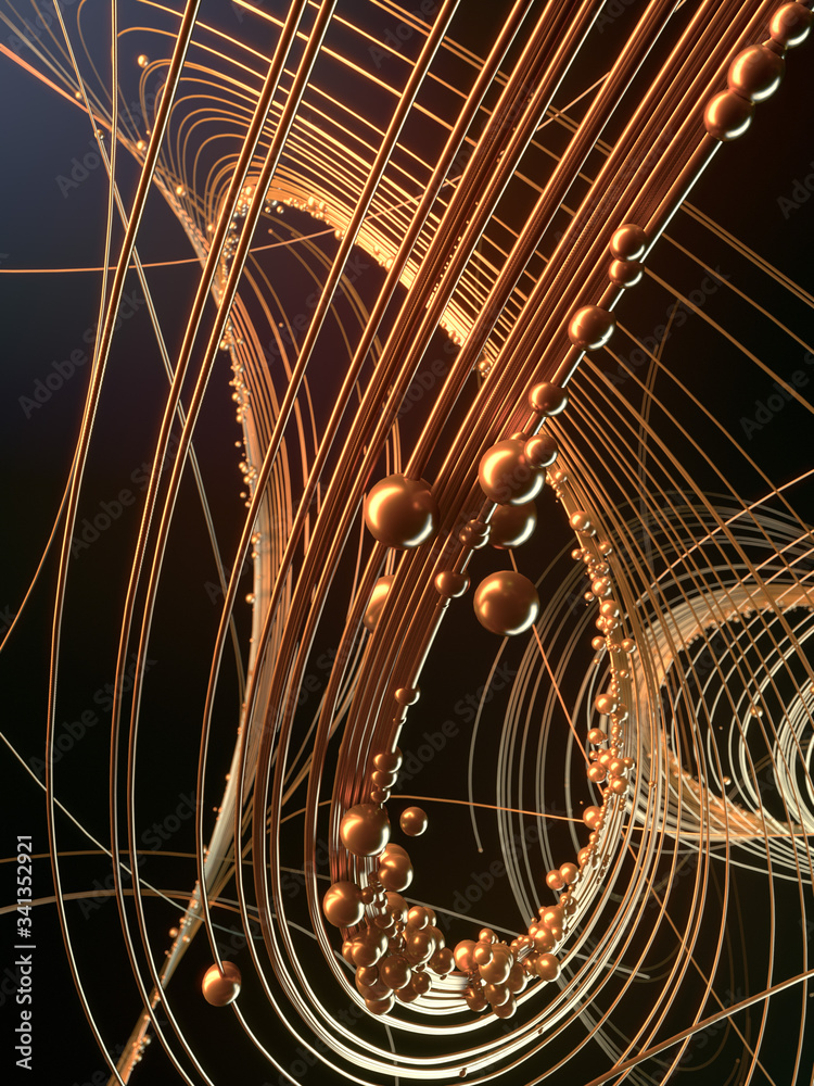 Aufkleber weave luxury gold lines with shiny beads. astract composition. 3d rendering