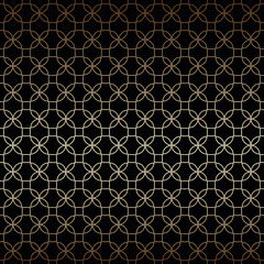 Linear black and gold geometric seamless pattern with stylized flowers, art deco style