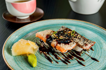Japanese food eel sushi with tea
