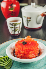 Japanese food salmon tartare and tea