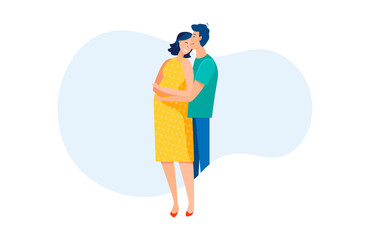 Happy pregnant couple hugging and smiling. Young man and woman expecting baby flat vector illustration. Pregnancy, parenthood, love concept for banner, website design or landing web page