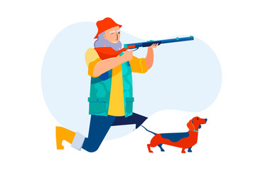 Hunter with dog aiming rifle. Senior man, gun, nature flat vector illustration. Lifestyle, outdoor activity, hunting concept for banner, website design or landing web page