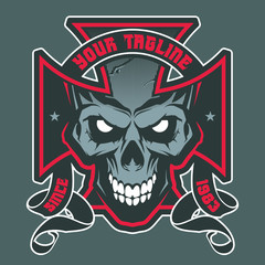 Vector illustration with Maltese cross with a skull. Biker symbol. Motorcycle club T shirt graphics concept. 