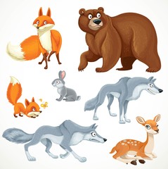 Set of wild animals rabbit, bear, fox and baby fox, wolves, deer lies on the ground isolated on white background