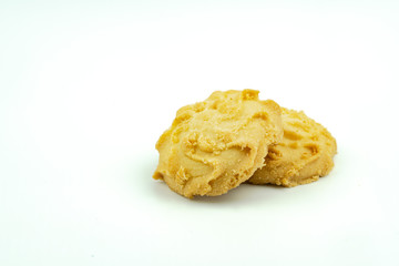Premium butter cookies isolated on white background with copy space. Shallow depth of field.