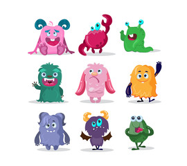 Funny monsters cartoon characters set. Colorful abstract aliens, cute trolls, goblins, comic gremlins, smiling animals. Vector illustration for Halloween party, scary creatures concept © PCH.Vector