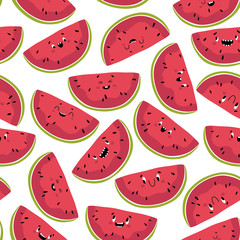 Funny watermelon seamless pattern. Slices of delicious summer fruit with different kawaii emotions in a cute flat cartoon style. Vector isolate on a white background.