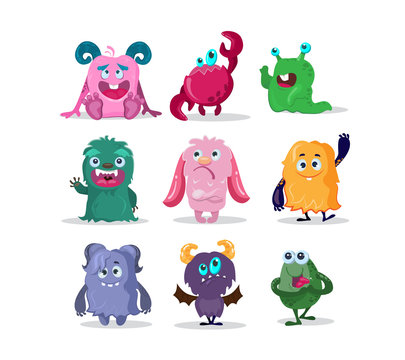 Funny monsters cartoon characters set. Colorful abstract aliens, cute trolls, goblins, comic gremlins, smiling animals. Vector illustration for Halloween party, scary creatures concept