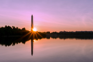 Washington DC panorama at Tidal Basin during sunrise. US capitol landscape of National Mall with...