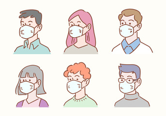 Fototapeta premium Hand drawn set of diverse people avatar wearing masks protection from disease or pollution, healthcare and hygiene concept, vector illustration flat design.