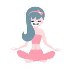 cute yoga girl wearing medical mask to prevent COVID-19 coronavirus self quarantine  design concept vector illustration